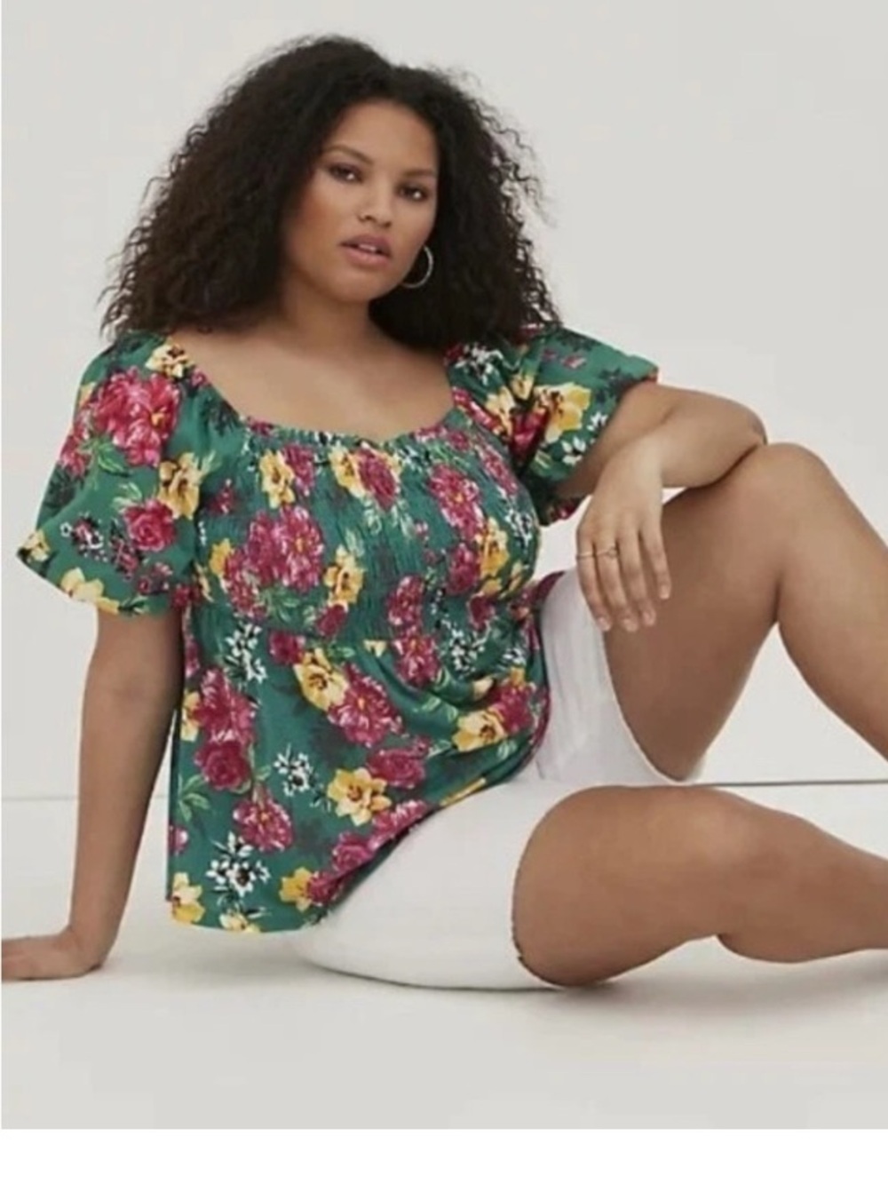 Torrid Green Floral Babydoll Smocked Bodice Puff Sleeve Blouse 2X